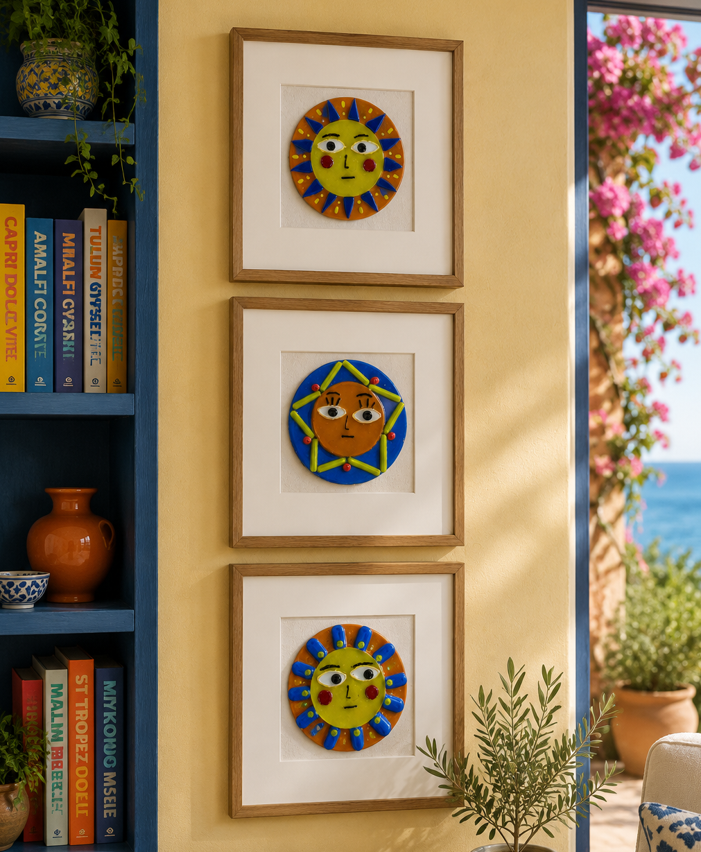 Three fused glass sun face medallions, framed on a wall