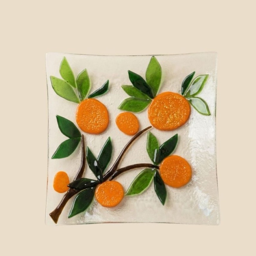 Fused glass mandarin branch panel